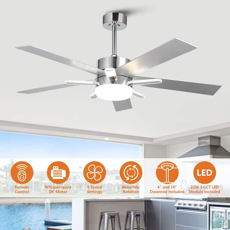 52-Inch Chrome Modern Integrated LED Ceiling Fan with 5 Acrylic Bars and Remote