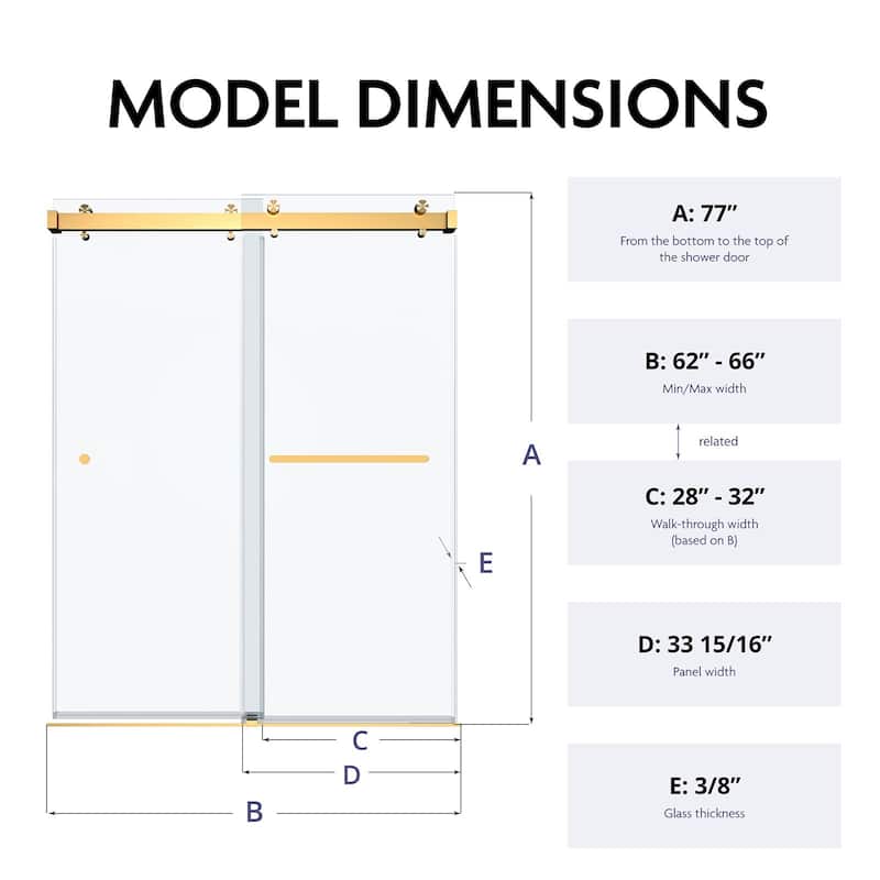 SP Series 62" - 66" W x 77" H Contemporary Frameless Double Sliding Shower Door with 3/8" Clear Tempered Glass