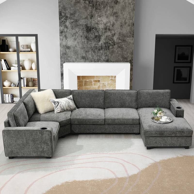 119*67" U Shaped 6 Seat Chenille Sectional Sofa with Chaise and Cup Holders, Gray