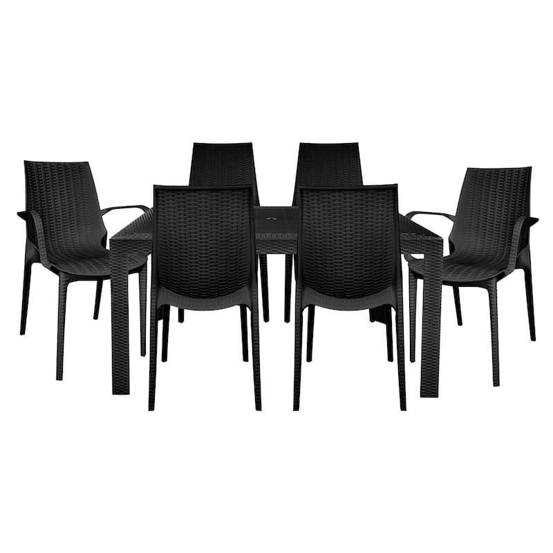 LeisureMod Kent 7-Piece Outdoor Dining Set with 4 Chairs 2 Arm Chairs - 28" - Black