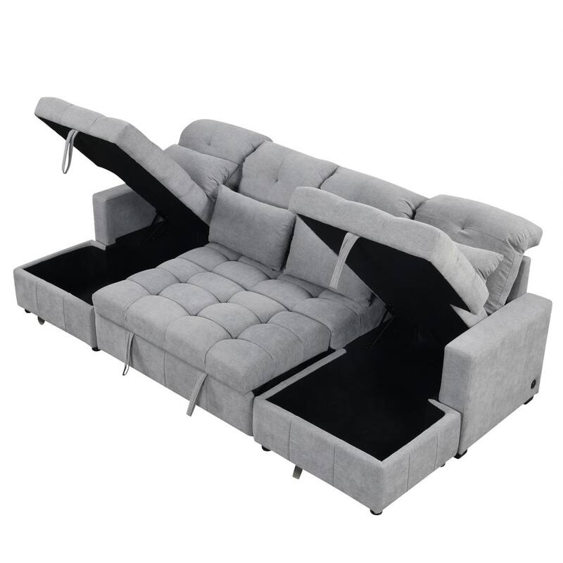 110.2" Modern U-shaped Sectional Pull-out Sofa with Storage Chaise and USB Ports