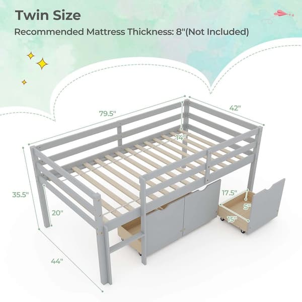 dimension image slide 0 of 2, Costway Twin Size Low Loft Bed with 3 Drawers Ladder & Full-length