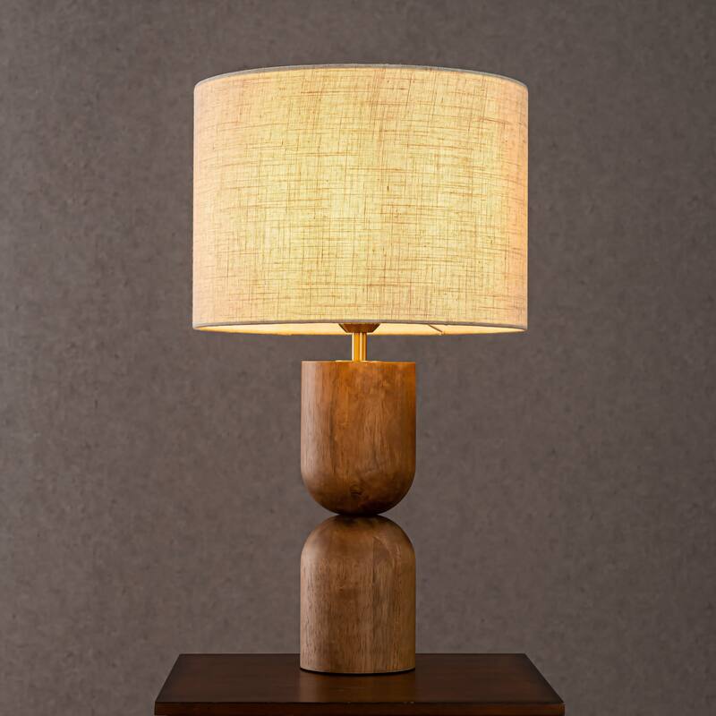 CraftHome Japandi Honey Brown Wood Modern Classic Nightstand Lamp with Beige Linen Fabric Shade for Bedroom, Living Room - W14'' - Aged Brass - W14''