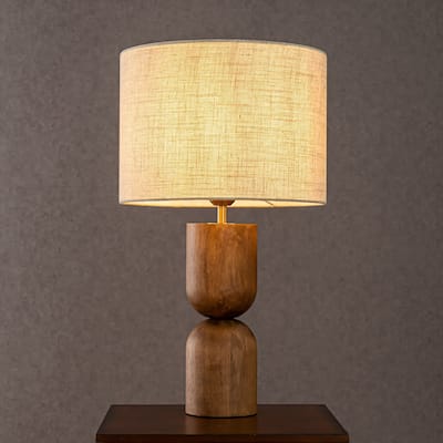 CraftHome Japandi Honey Brown Wood Modern Classic Nightstand Lamp with Beige Linen Fabric Shade for Bedroom, Living Room - W14''