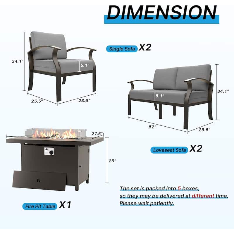 Kullavik Aluminum Outdoor Patio Furniture with Curved Armrests & Firepit Table