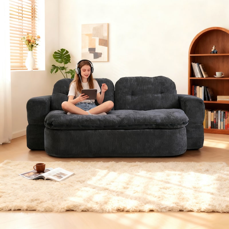 Chenille Folding Loveseat Sofa Convertible into Floor Sleeper Mattress