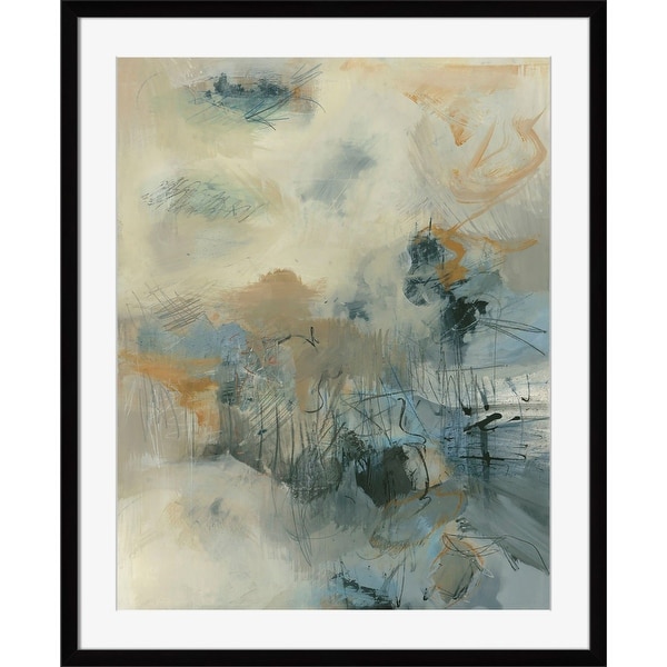 40" x 34" Blue and Beige Brush Fire Paper Printed Rectangular Framed Wall Art Decoration - N/A