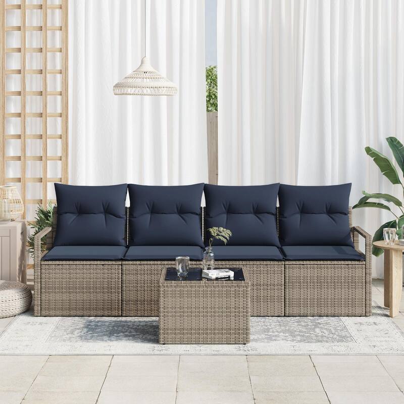 vidaXL 5 Garden Sofa Set with Cushions Black/Brown/Grey Poly Rattan - 68.9 x 24.4 x 27.2