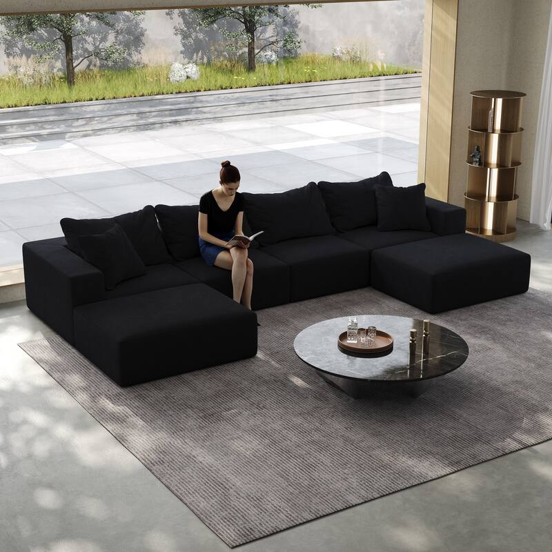 Floor Upholstered Sectional Sofa Modular L Shaped Couch Set with 6 Pillows and Ottomans, Living Room Sleeper Sofa Bed - Black Oversized