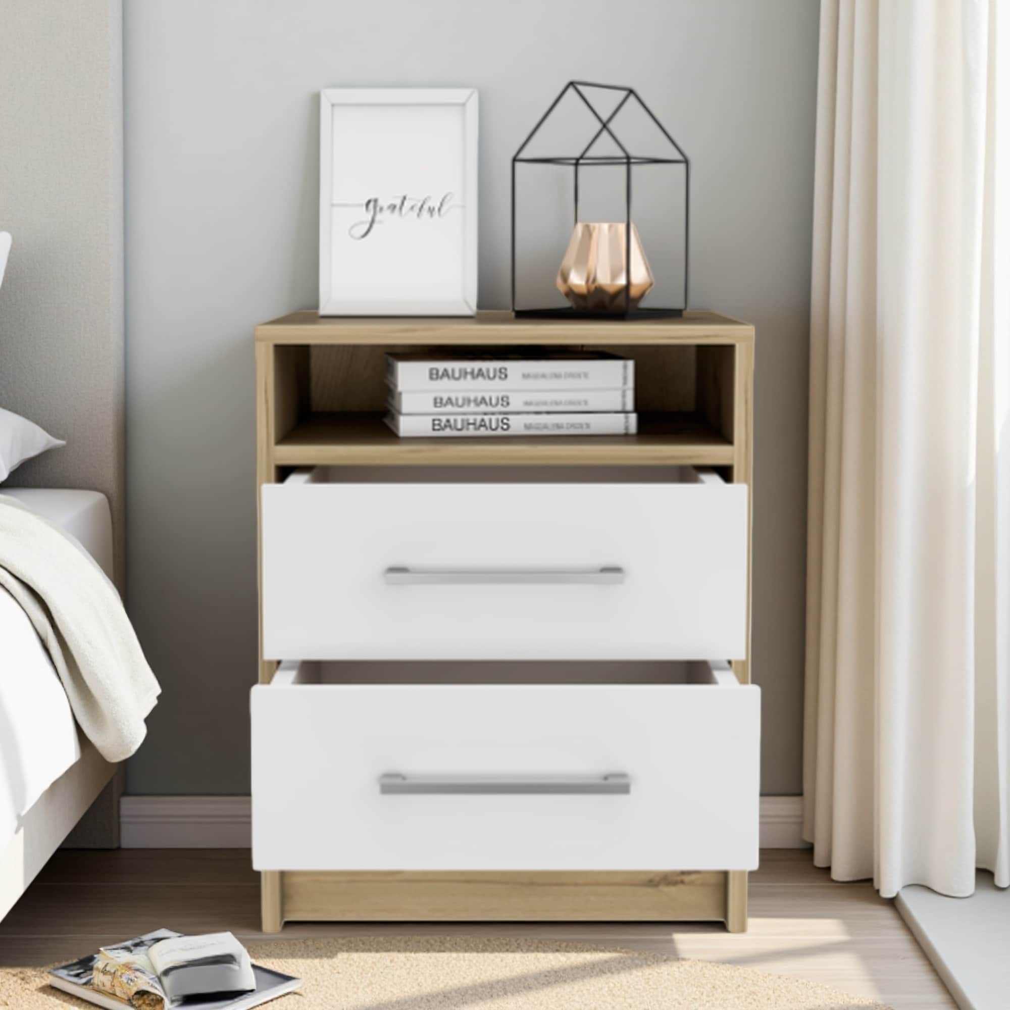 15.7"L Wood Nightstand with Two Drawers & Open Shelf, Superior Top, Metal Handles