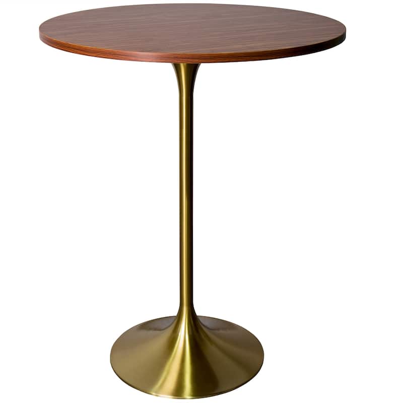 LeisureMod Verve 27" Round Dining Table with MDF Wood TableTop and Brushed Gold Base for Kitchen & Dining Room - Cognac Brown