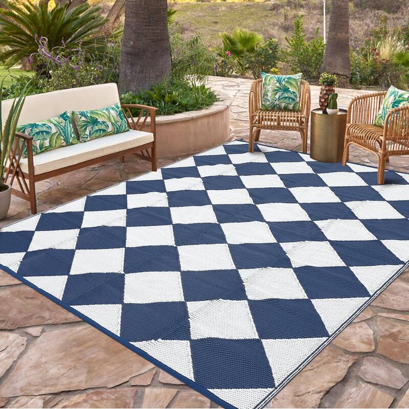 Outdoor Rug Waterproof Reversible Rug Plastic Straw Rug Checkered Floor Mat Outside Carpet for Camping RV Backyard Patio