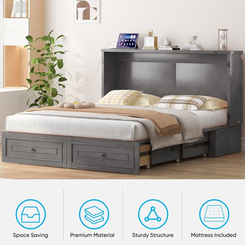 Mixoy Queen Modern Murphy Bed Chest with Mattress and Storage Drawer