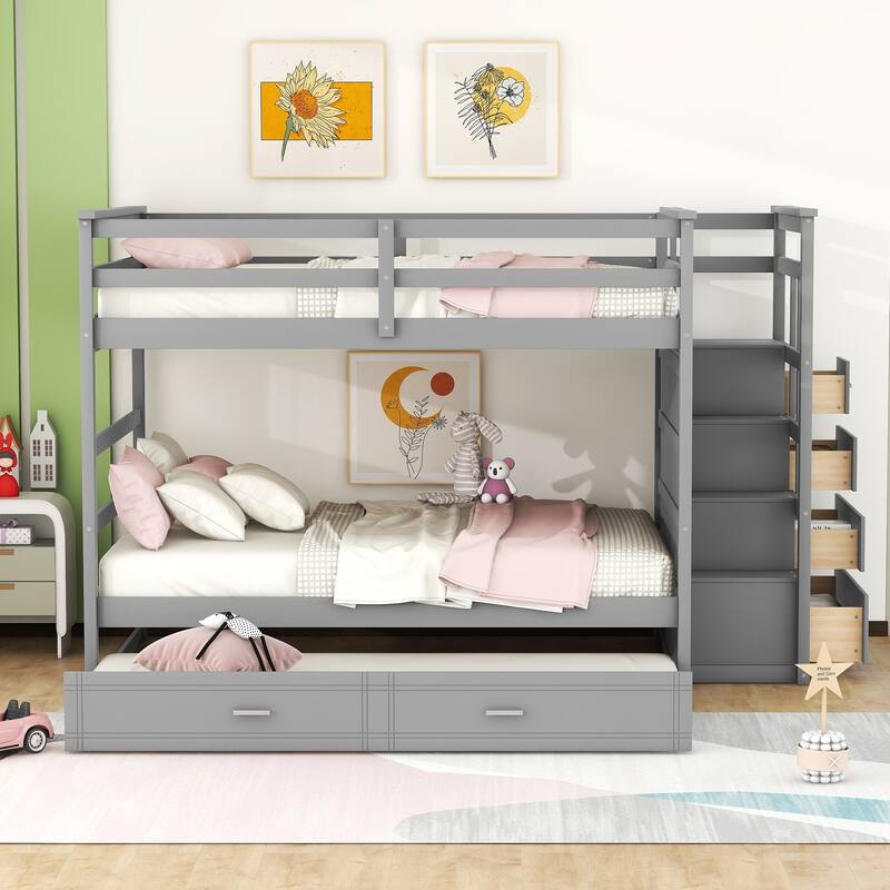Triple Sleeper Bunk Bed, Full over Full with Twin Trundle and Stairs, Space Saving Metal Frame for Kids Room - Grey