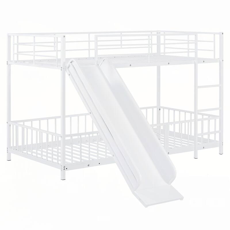 Twin over Twin Size Metal Bunk Bed with Slide and Guardrails