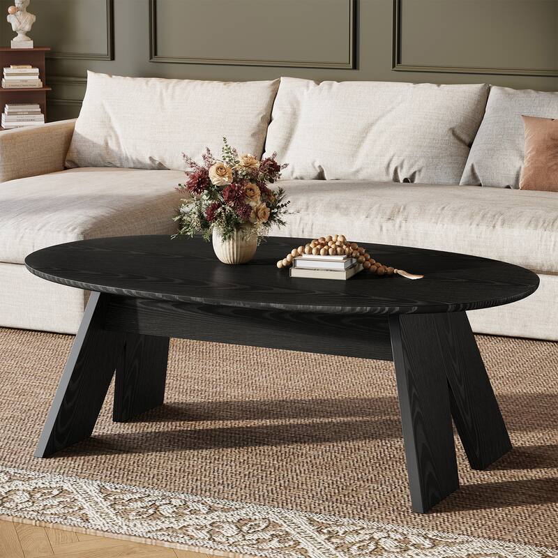 47 Inch Modern Black Oval Coffee Table for Living Room - 23.6" D x 47.2" W x 18.11" H