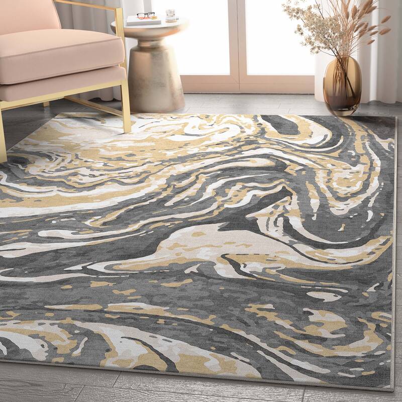 Well Woven Abstract Harmony Modern Boho Marble Flat-Weave Area Rug - 5' 3" x 7' 3" - Gold Brown - Rectangle