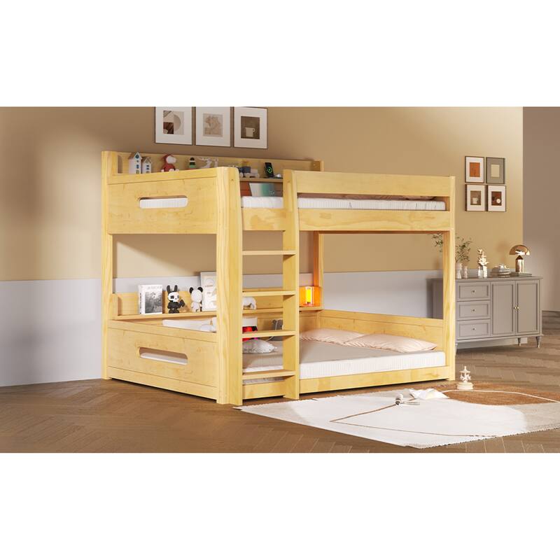Roomfitters Queen Over Queen Bunk Bed with Storage Shelves and USB Ports