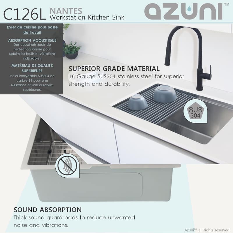 AZUNI 25"L x 19"L Single Bowl Undermount 16G Reversible Workstation Kitchen Sink with accessories C126L - 25" x 19" x 10"