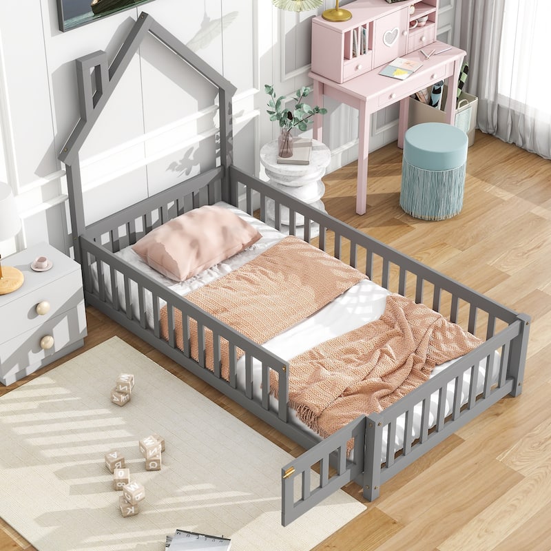 House-Style Twin Floor Bed with Fence, Pine Wood Bed Frame for Kids