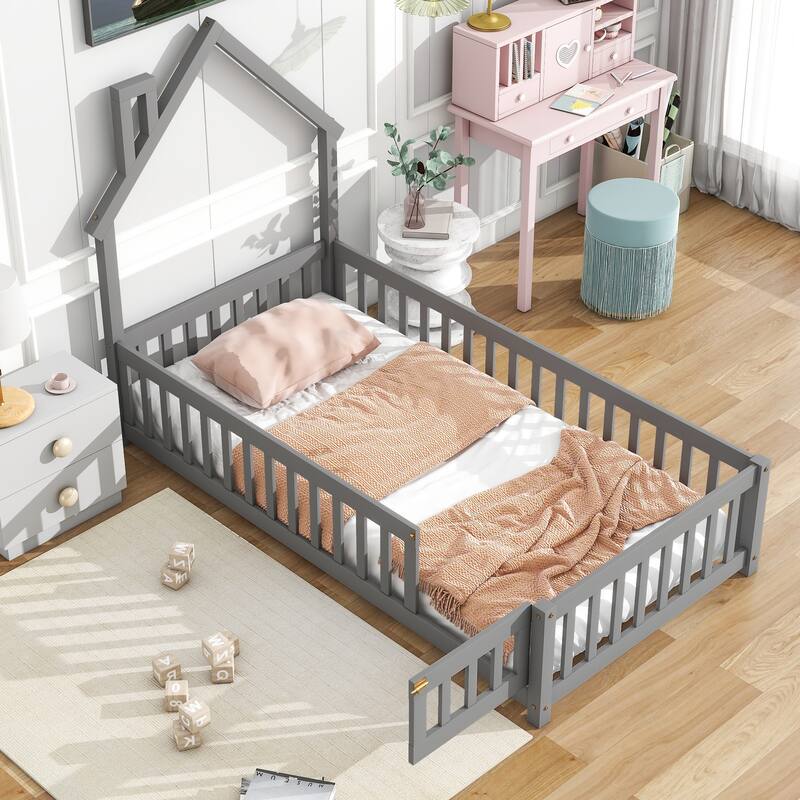 Twin House-Shaped Headboard Floor Bed with Fence, Fun & Safe Kids Bed