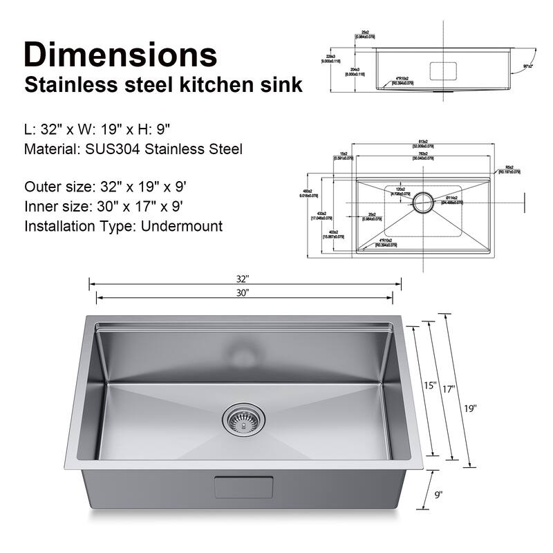 Mega Casa 32'' Undermount Single Bowl Workstation Handmade Sink, Stainless Steel Kitchen Sink with Workstation, Sliver