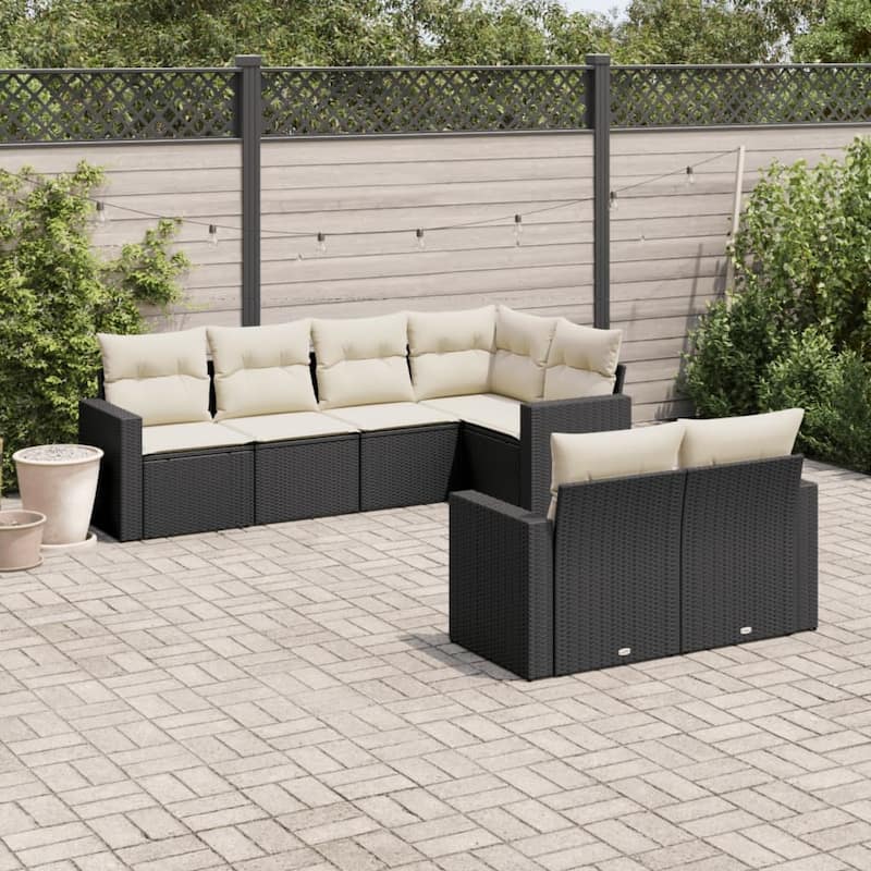 vidaXL Patio Sofa Set with Cushions Outdoor Furniture 7 Piece Poly Rattan - 24.4 x 25.8 x 27.2 - Black and cream