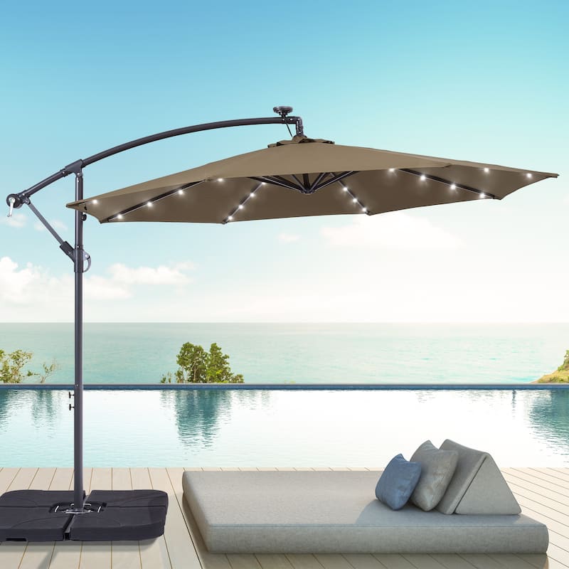 BONOSUKI 10ft Patio offset Umbrella Hanging Umbrella With LED Lights - Taupe