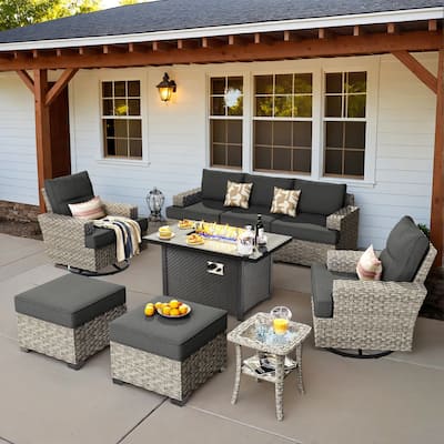 OVIOS 9 Pieces T shaped Seat Wide Armrest Swivel Chair Set With Fire Pit