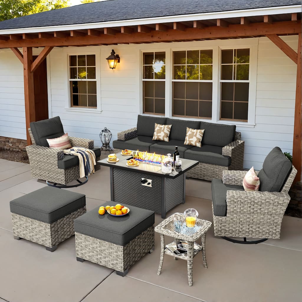 OVIOS 9 Pieces T shaped Seat Wide Armrest Swivel Chair Set With Fire Pit