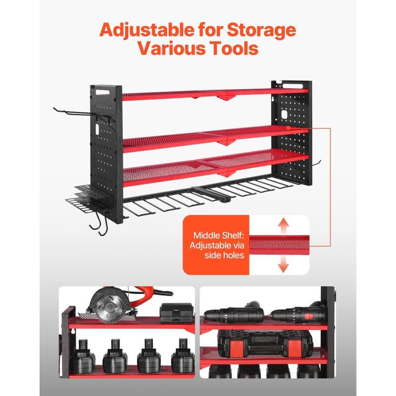 4-Tier Wall Mounted Tool Rack with 8 Drill Slots and Adjustable Shelf Pegboard Organizer - 32.87” x 8.66” x 16.54”