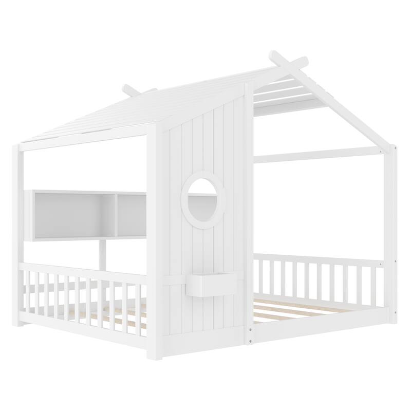 House Bed Frame for Toddler Floor Bed, Kids Montessori Bed with Storage Shelf and Round Window, Playhouse Bed with Roof Design