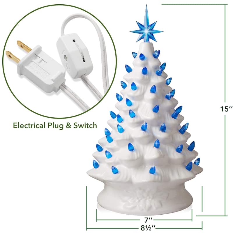 15in White Ceramic Christmas Tree Hand Painted PreLit with Star