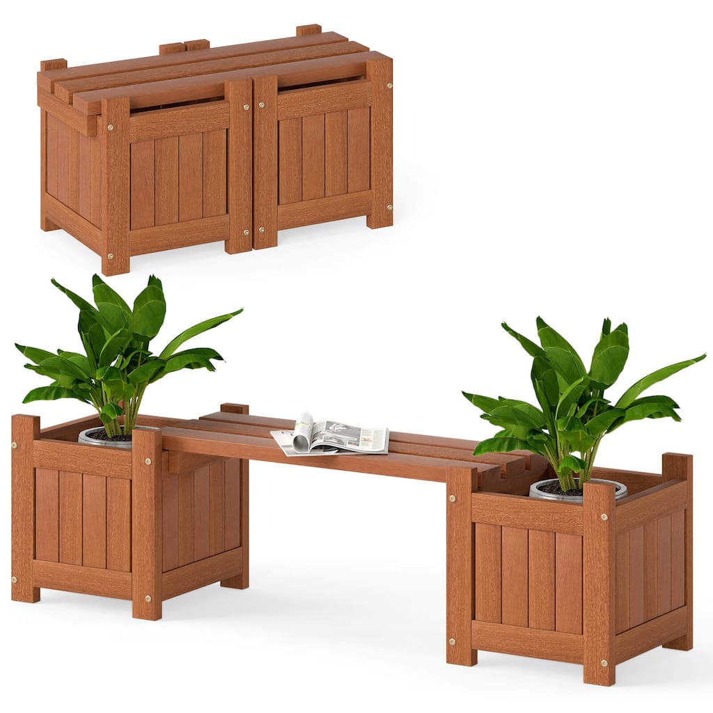 Costway Wood Planter Box with Bench Open-Ended Base & Teak Oil Finish - See Details