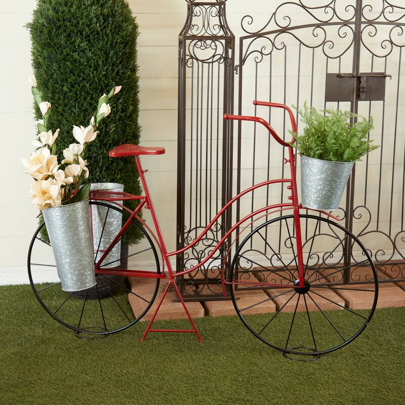 Metal Bike Indoor Outdoor Plantstand with Silver Basket and Saddle Bag Planters - Red - Roche River Decor - 21"W x 56"L x 38"H
