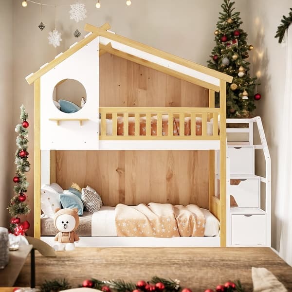 slide 2 of 14, Twin-Over-Twin Bunk Bed with GuardRail, Natural Bed+White Stair Natural