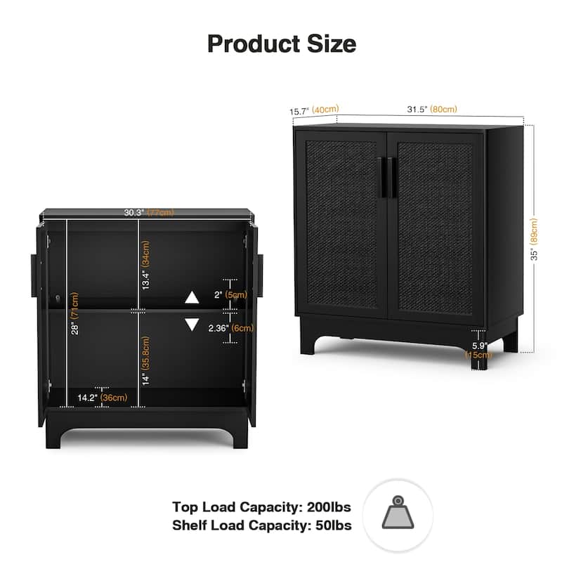 Anmytek Modern 2-Door Black Buffets Sideboards Rattan Kitchen Storage Cabinet with Adjustable Shelf - 31.5" W x 15.7" D x 35" H