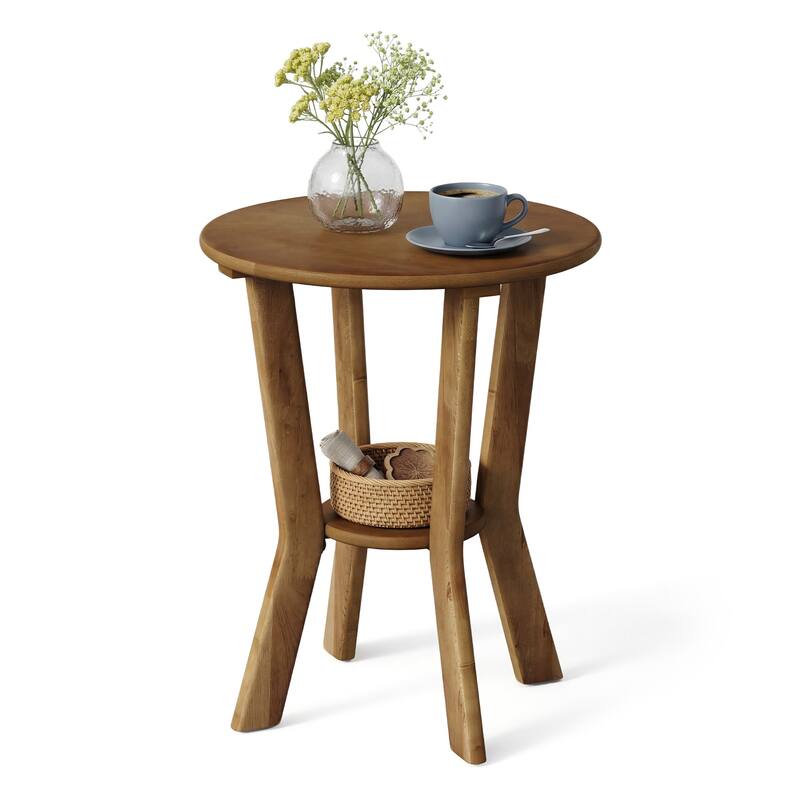 Round Farmhouse End Table with Shelf for Bedroom & Living Room