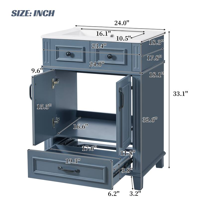 24" Bathroom Vanity with Ceramic Sink,Solid Wood Frame Bathroom Storage Cabinet with Soft Closing Doors,Retro Style