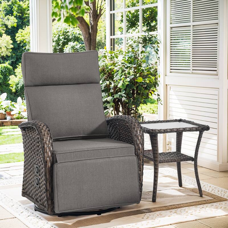 Pocassy Lounge Chair Swivel Reclining Chair with Adjustable Backrest - Gray Cushion - Browm Wicker - 1-Piece Recliner Swivel Chair with Side Table