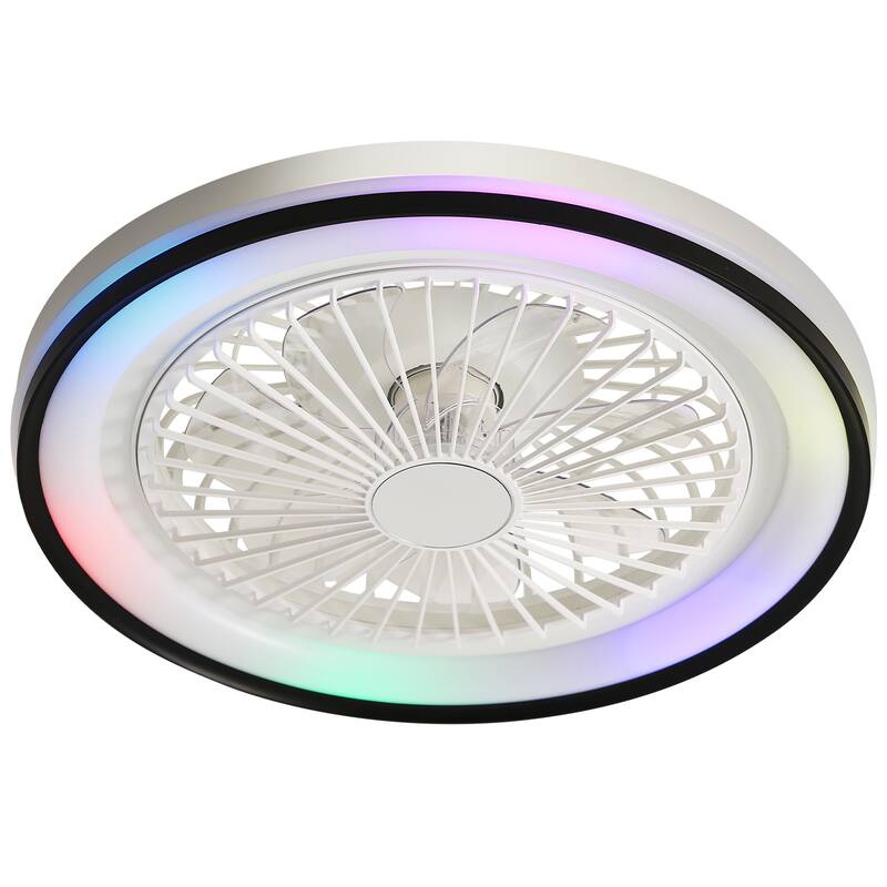 19 Inch RGB Dimmable Led Enclosed Ceiling Fan with Light Flush Mount Bladeless 6 Speed Remote Control for Bedroom Party - White - White