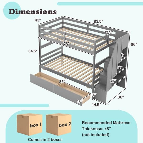 dimension image slide 0 of 2, Costway Twin Over Twin Bunk Bed with Storage Stairs & Drawers - See Details