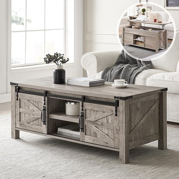 Farmhouse Lift Top Coffee Table, Rustic Center Table, Lifting Tabletop