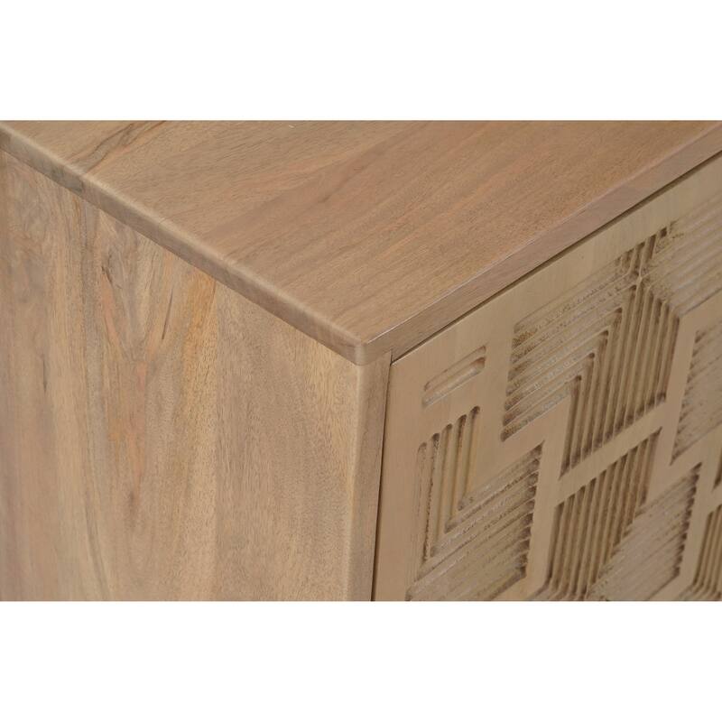 HomeRoots 80" Brown Solid Wood Carved Geometric Sideboard with Four Doors - 80.00 in. x 38.00 in. x 16.00 in.