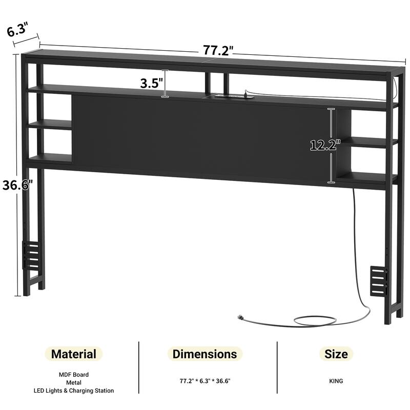 Headboards with Storage Shelves, Head Board with Power Outlet and LED Light for Bed Frame