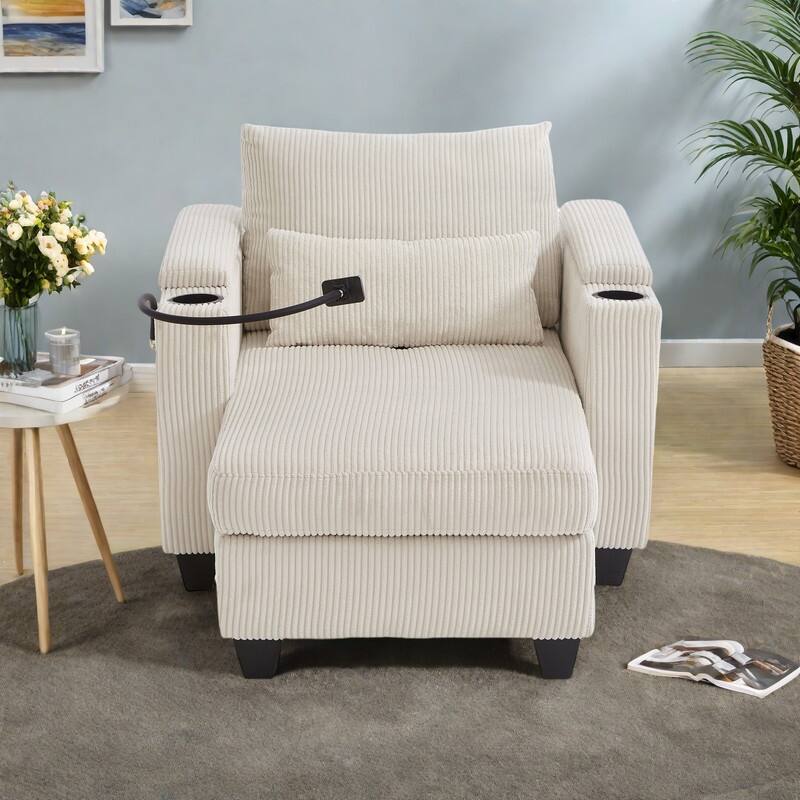 Corduroy Convertible Lounge Chaise with USB Ports, Cup Holders and Storage - Beige