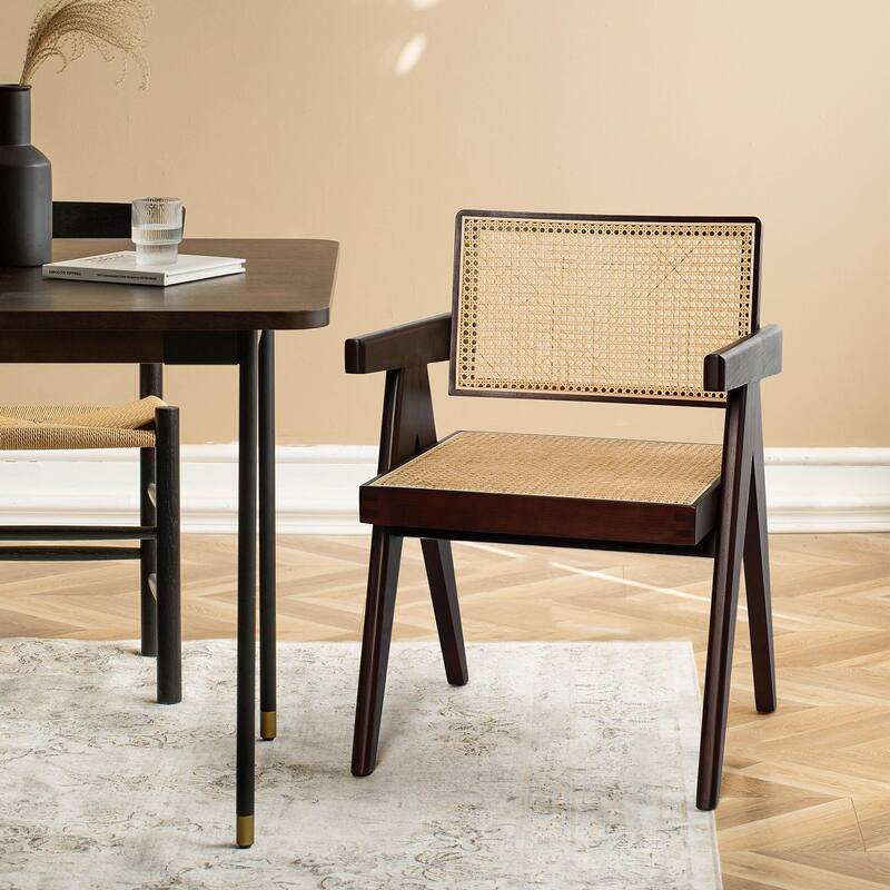 Solid Wood Rattan Armchair Dining Chair in Natural