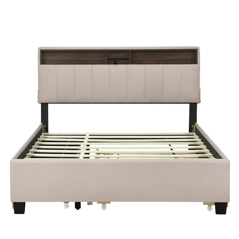 Queen Size Upholstered Bed with Storage Headboard,Platform Bed with Trundle,2 Drawers and Charging Station