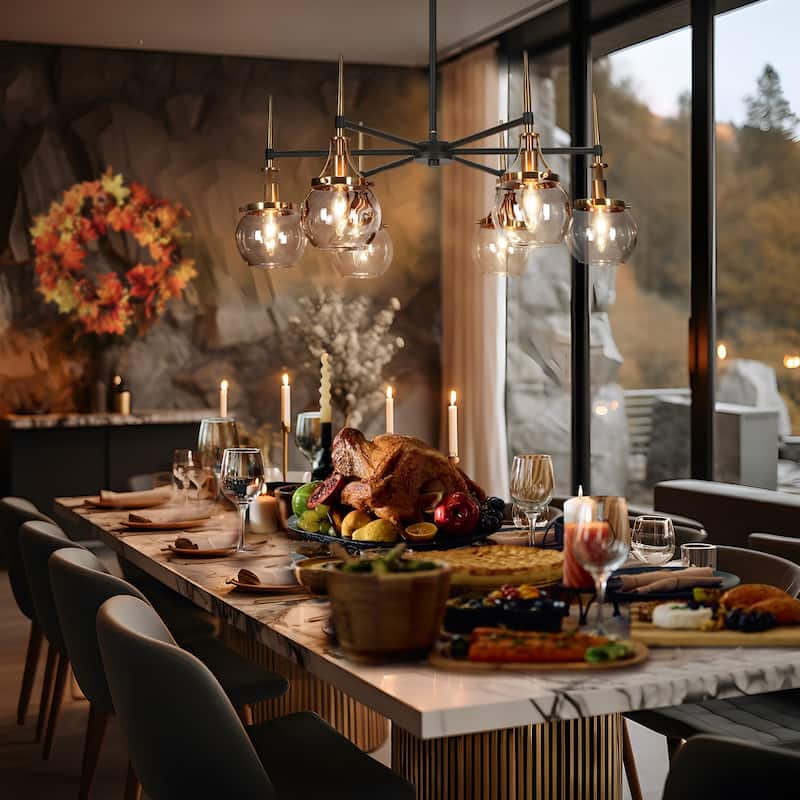 Beta Modern 6-Light Glass Wheel Chandelier Black Gold Pendant for Dining Living Room - 27.6"L x 4.9"W x 12.6"H