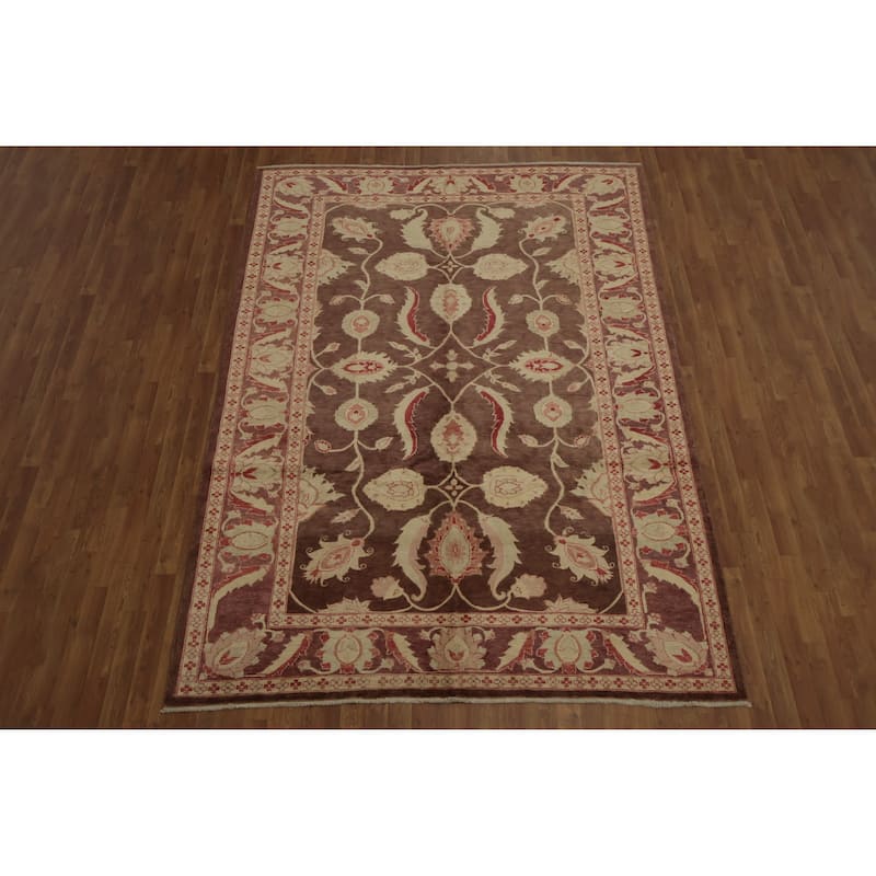 Hand Knotted Oriental 100% Wool Carpet Traditional Floral Brown Peshawar Area Rug - 9' 8'' X 6' 10''